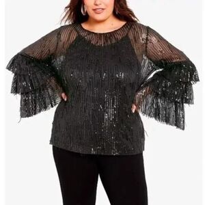 Avenue Plus Nouveau‎ Nights Top Size 22/24 Sequin Blouse Ruffle Sleeve